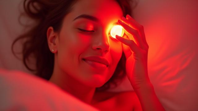 Woman using a red light therapy panel for skin rejuvenation