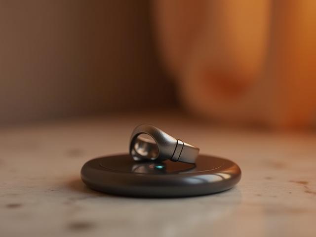 The sleek, metallic Aura Ring Gen 4 on a charging dock, with subtle glowing indicators. The background is a soft, blurred reflection in a modern setting.