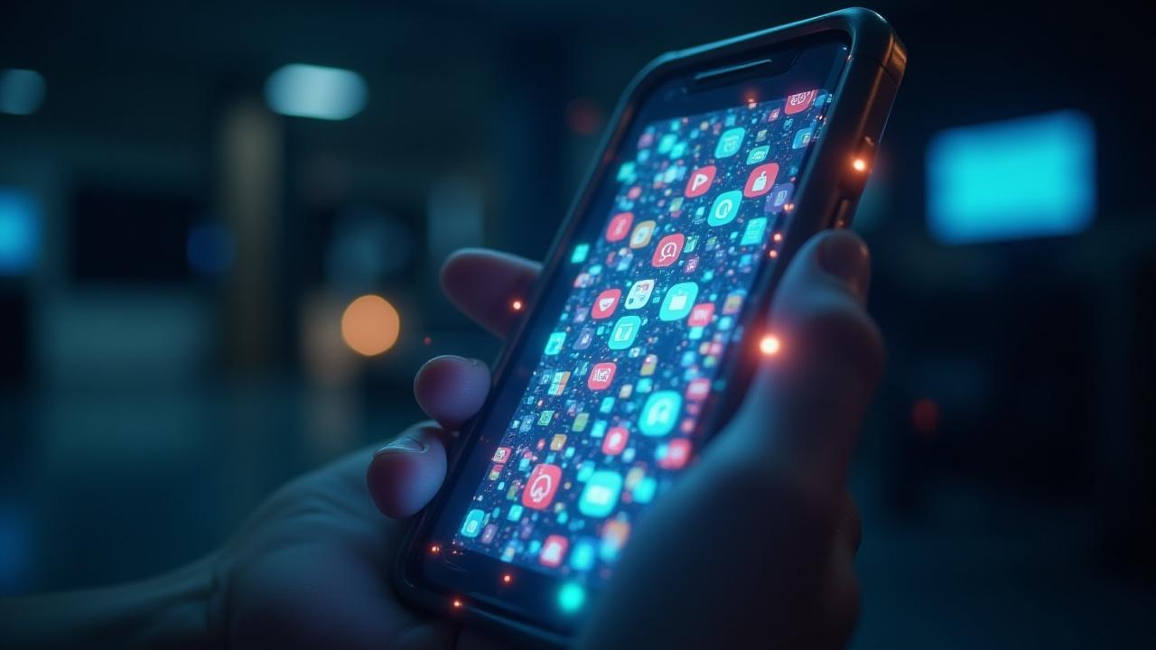 A cluttered screen with numerous app notifications and bright, distracting icons, representing digital overwhelm.